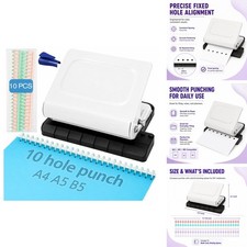 10 Hole Punch Binding Machine Kit for Planner (White) with 10 Multi-Color