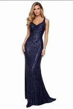 Navy Blue Sequin Sleeveless Maxi Dress Cowl Neck Prom Bridesmaids Formal Zip Up