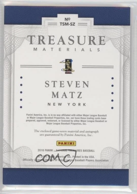 2016 Panini National Treasures Treasure Material Signatures /99 Steven Matz Auto - Image 2 of 2