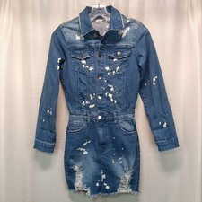 Fashion Nova Do Some Damage Denim Mini Dress Medium Wash Distressed Splatter XS