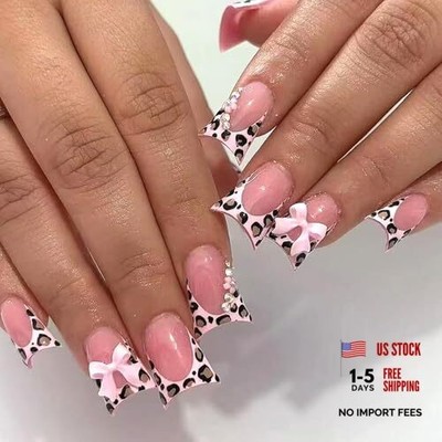 24Pcs Pink Duck Press on Nails Short Square Fake Nails Leopard Print French