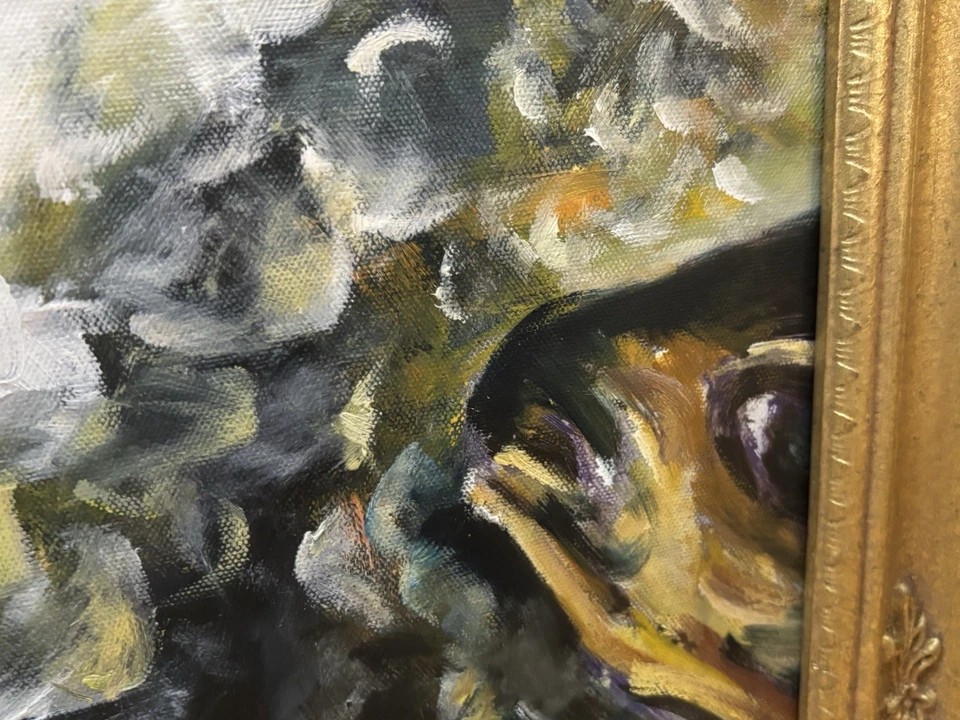 GRANDE Abt 35”x 29,5” Peces sobre hielo Bodegón Pintura al óleo Marco dorado Ornamentado COMO ESTÁ Foto 4 de 4