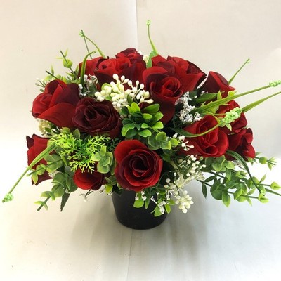 Rote Rose Denkmal Grab Topf oder Erdspieß Kunstblumen mit Laub. Handgefertigt