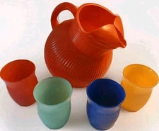 Unmarked MCM Ribbed Tilted Ball Pitcher Set w/ 4 Tumblers Multicolor