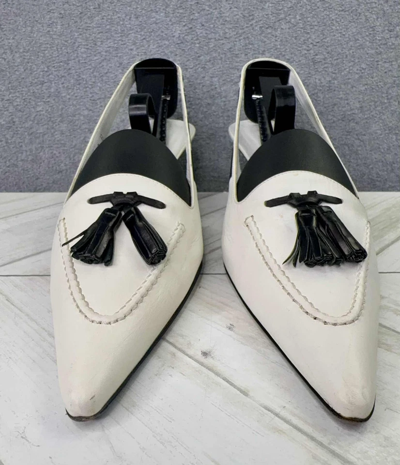 Ralph Lauren Purple Label Slingback Pump Kitten Heels White Black Tassel Size 8 - Image 2 of 4
