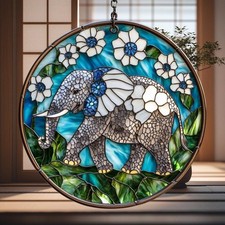 Floral Elephant Glass Suncatcher, Stained Glass Round Wildlife Window Decor