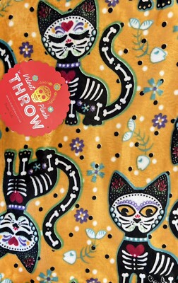 Halloween Orange Sugar Skull Skeleton Cat Kitty Plush Throw Blanket Lap 50”  X 70