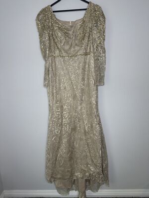 Mac Duggal Gold Paisley Sequin Three-Quarter Sleeve A-Line Dress Size 14