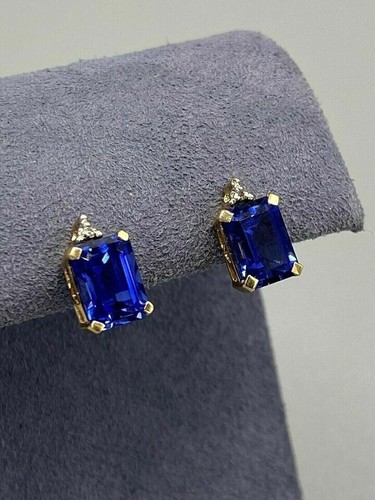 3CT Emerald Lab Created Blue Sapphire Diamond Women Stud 14K Yellow Gold Plated - Picture 3 of 8