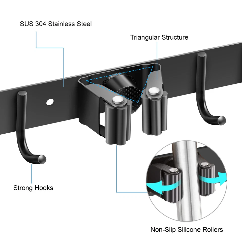 Broom Hanger Mop Holder Wall Mount Heavy Duty Garden Kitchen Tool Organizer Rack - Image 3 of 4