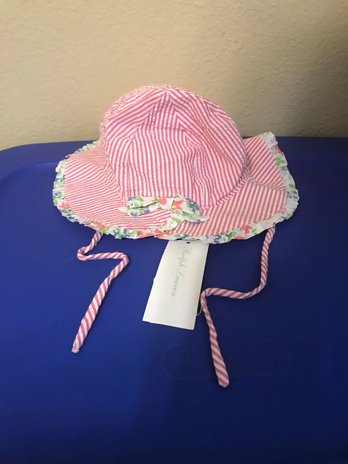NWT Ralph Lauren Baby Girls Pink Floral Brim Ruffle SUN Hat Sz. Layette 3M/9M