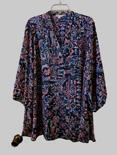 Boutique Womens 2X Impressionist Henley Blouse Top Cottage Core Grandma Core