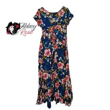 VINTAGE Ui Maikai Hawaiian Maxi Dress Barkcloth Pink Hibiscus Waterfall Back Med
