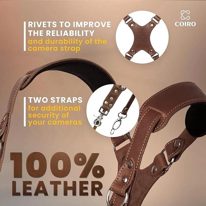 Тонкий ремень для камеры Coiro для 2 камер — двойной плечевой кожаный ремень для камеры - Изображение 4 из 4