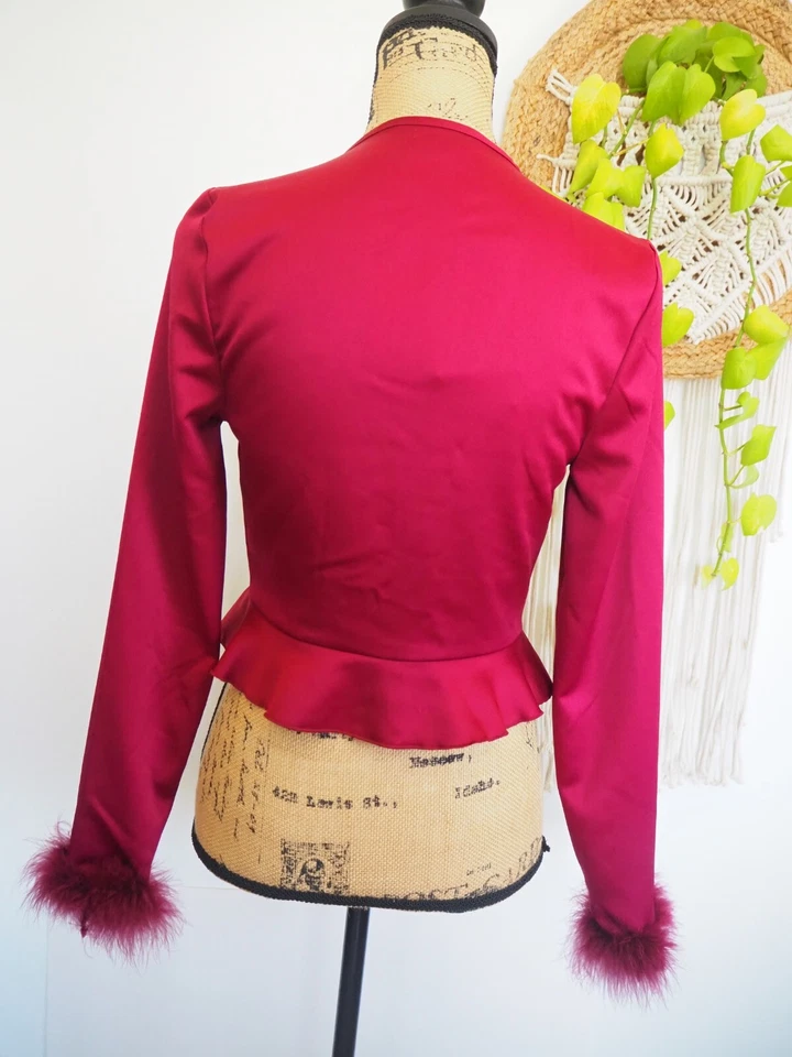 Burgundy Satin Shrug Feather Trim Tie Front Special Occasion Blouse Sz XS NWT - Image 4 of 4