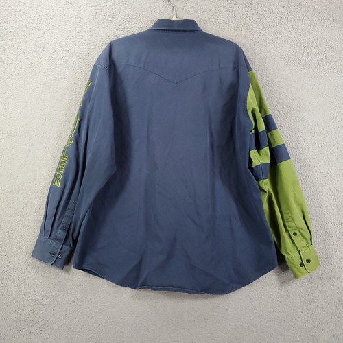 Vintage Wrangler Button Up Mens 2XL Brush Poper Spellout Embroidered Blue Green - Picture 11 of 14