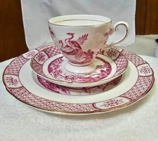 Vtg Royal Tuscan Gold Edge Cup, Saucer & Salad Plate Trio Set Bird & Flower