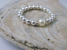 Sterling Silver Beaded Ring with Pearl, Stacking Stretch Womens Toe Thumb Rings