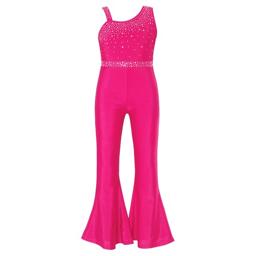 AU Girls Shiny Metallic One Shoulder Catsuit Bell Bottom Jumpsuit Dancewear - Picture 49 of 55