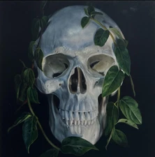 Oil Painting of Skull Wrapped in Green Leaves "What is Left" 12 x 12