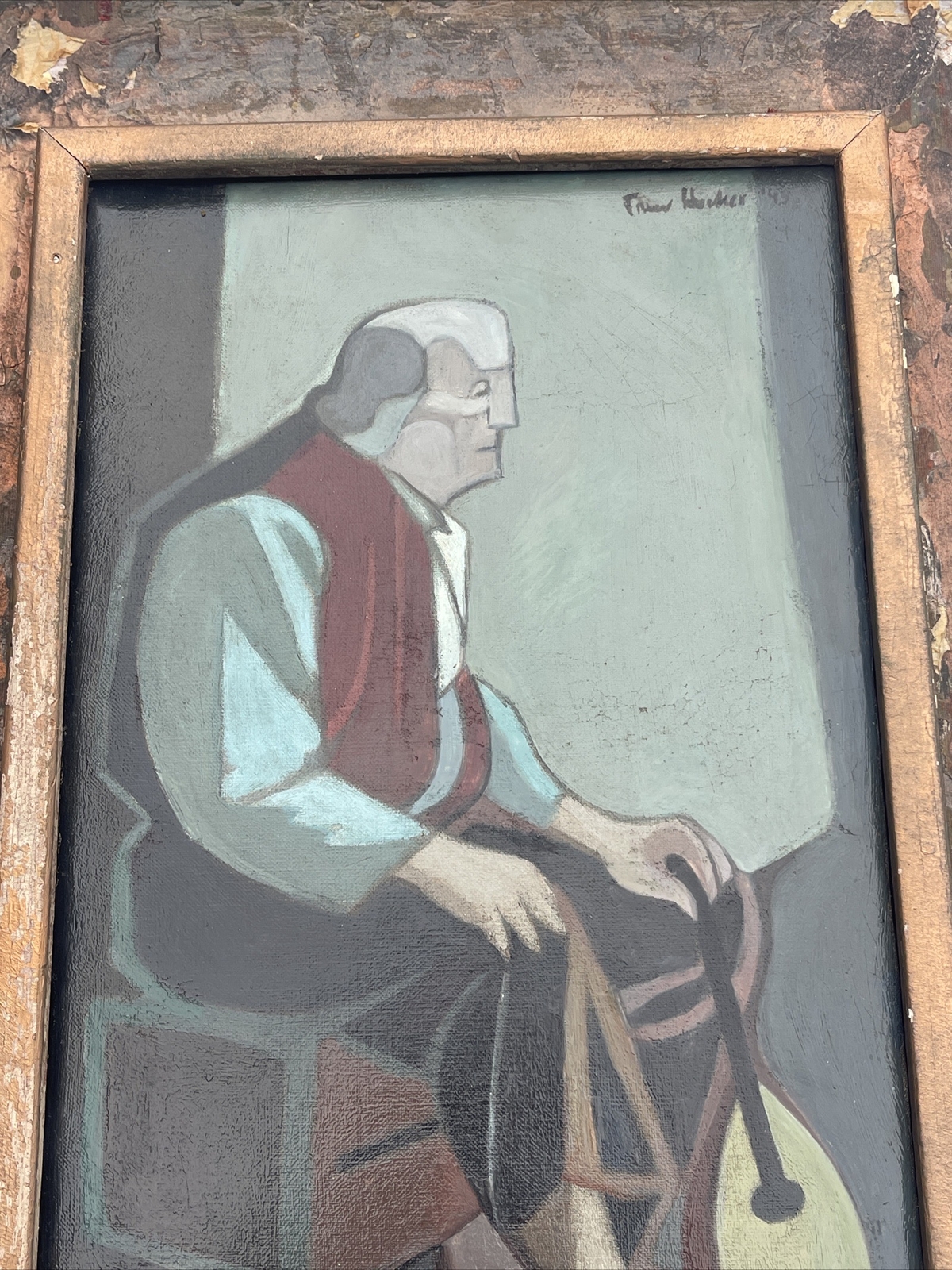 TREW HOCKER PAINTING ANTIQUE WPA ERA PORTRAIT MUSICIAN MANODLIN MODERNISM LISTED