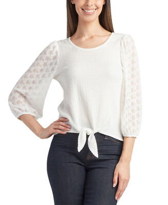 Bcx Juniors' Round-Neck 3/4-Lace-Sleeve Tie-Hem Top, Ivory, M