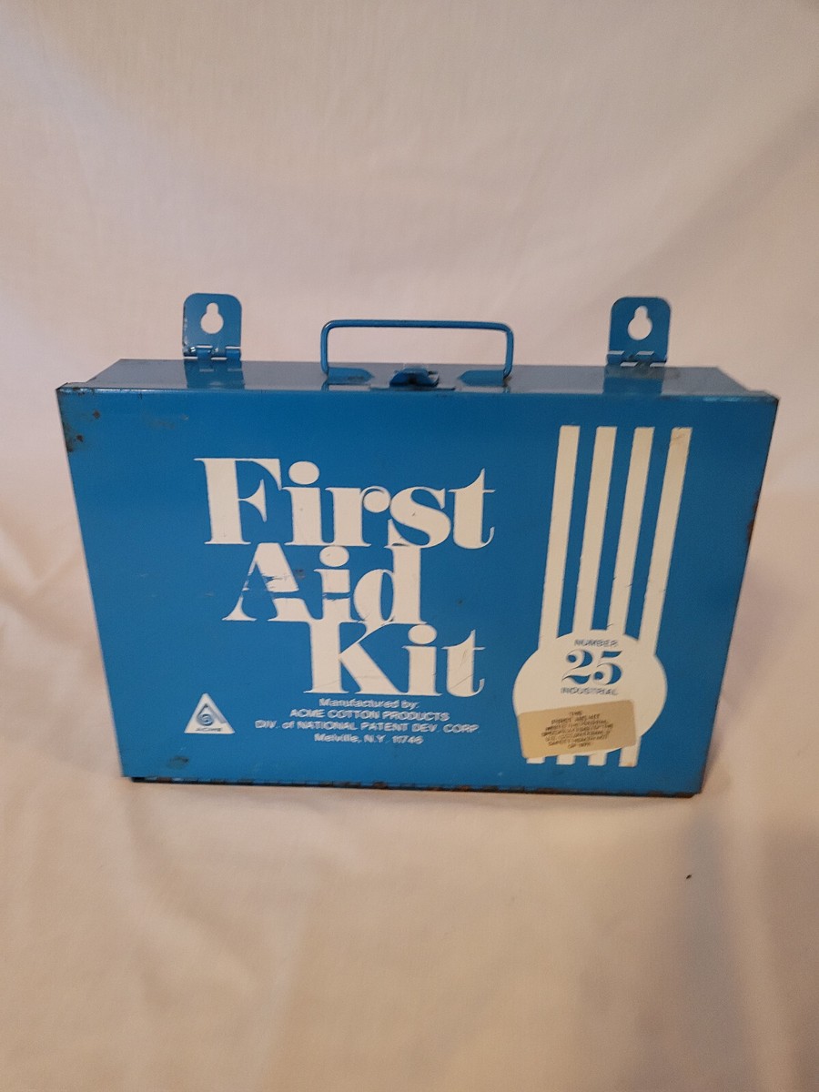Vintage 1970's Acme Cotton Products #25 Blue Metal First Aid Kit