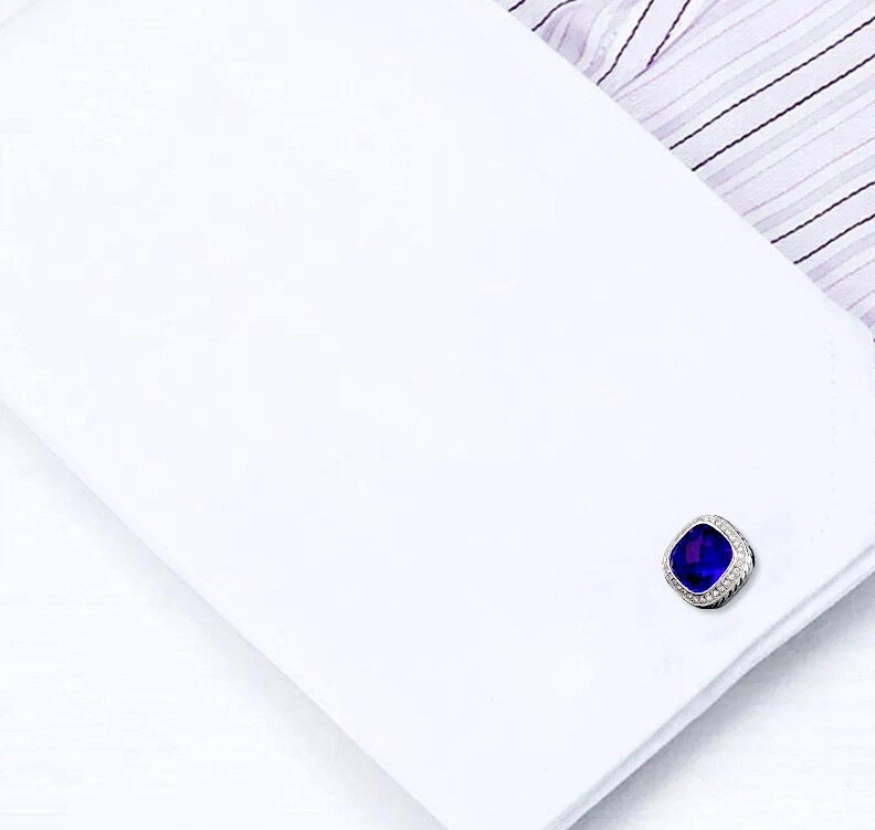 Purplish Blue Cushion Shape 18.40CT Sapphire & CZ Halo Vintage Wedding Cufflinks - Image 2 of 4