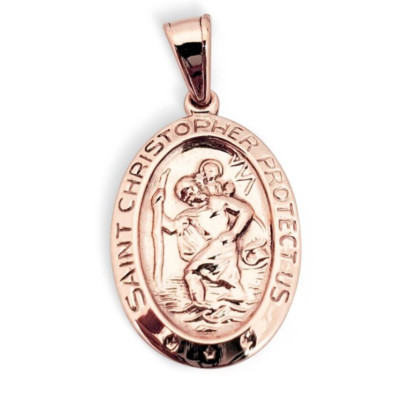 Solid 14K Rose Gold St. Christopher Medal Pendant, 3/4 , Catholic Saint