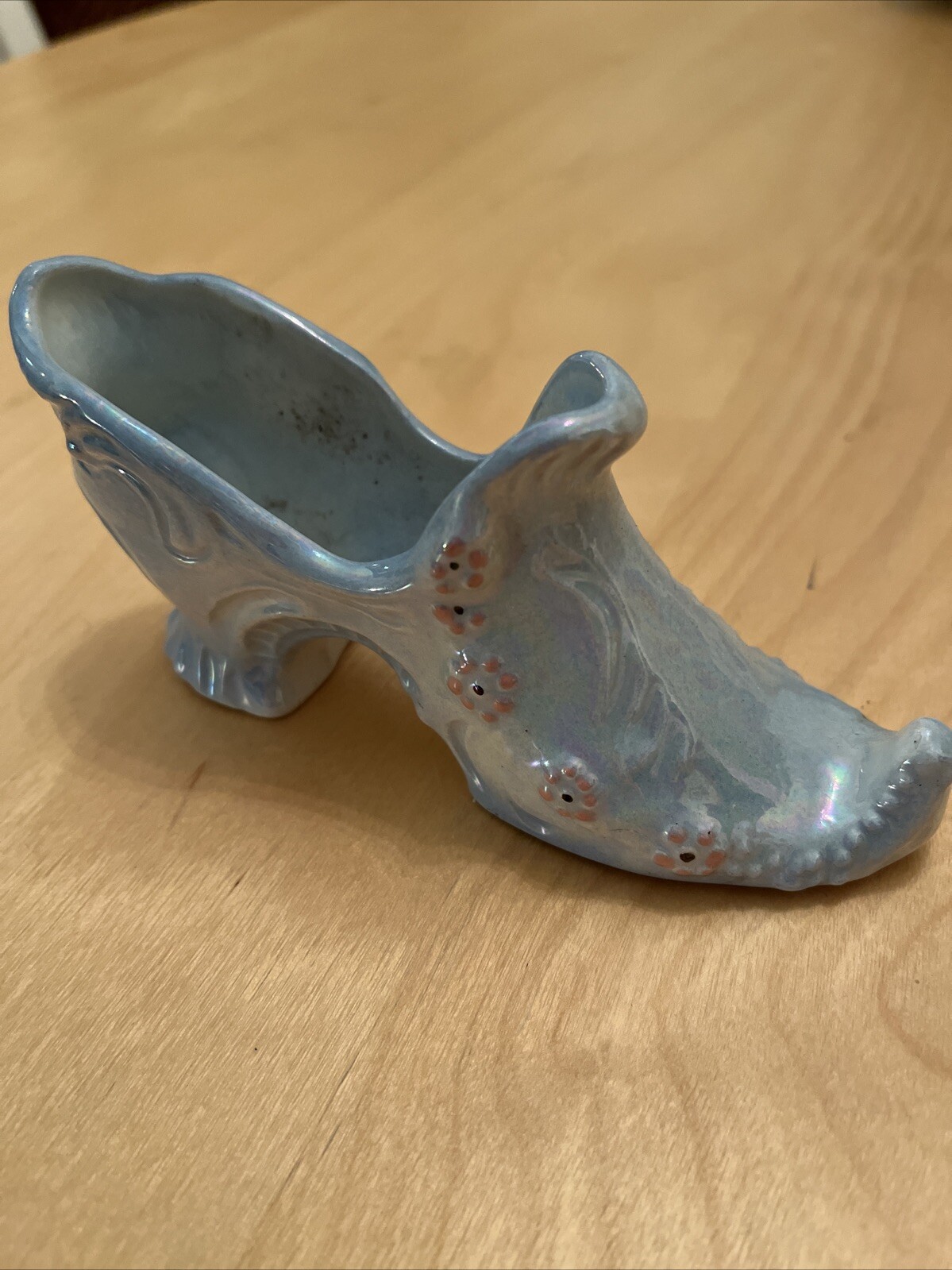 Blue Ceramic Shoe With Pink Flowers