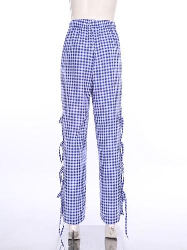 Womens Loungewear Loose Fit Long Pants Tie Trousers Wide Leg Plaid Drawstring - Picture 70 of 75
