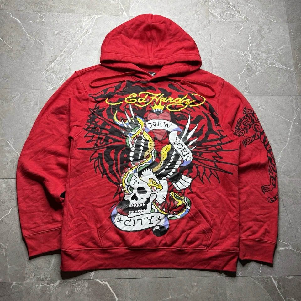 Sudadera con capucha roja Y2K Ed Hardy con estampado de tatuaje Grafitti para adulto grande Foto 4 de 4