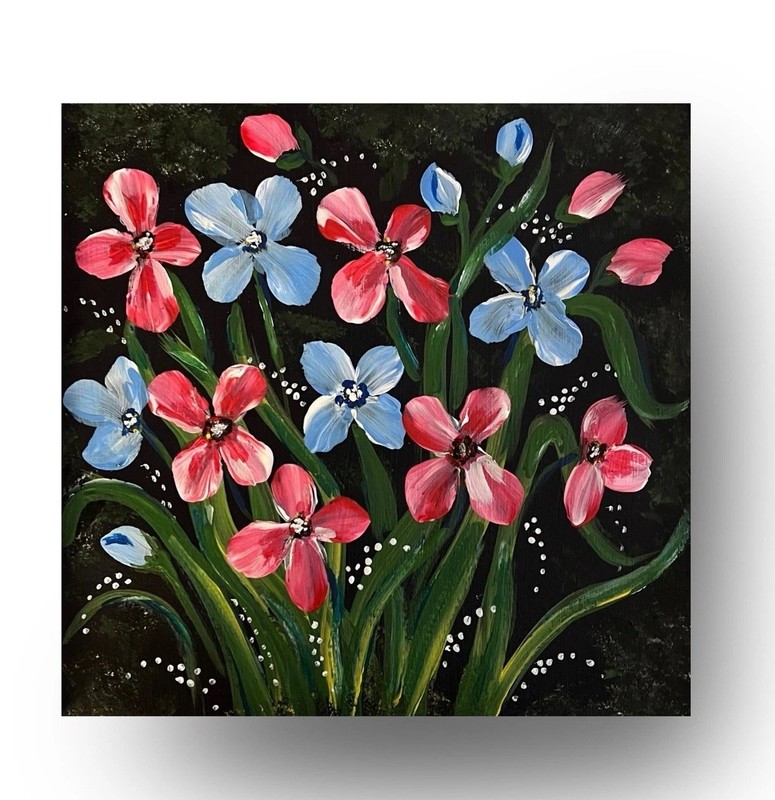 Red Blue & White Patriotic Flowers Acrylic 8x8” Art Paper VLP Original COA