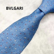 BVLGARI Silk Tie Blue Red Dot Crescent Motif Self Tipped Made in Italy