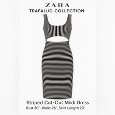 ZARA Trafaluc Black White Striped Cutout Bodycon Midi Dress Size Small Stretch