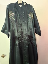 Vintage Japanese Satin Forest Green Satin Embroidered Birds Kimono Robe Size M