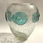 Vtg BLENKO Crackle Glass Wide Mouth Vase 423 Applied Glass Floral Medallions MCM