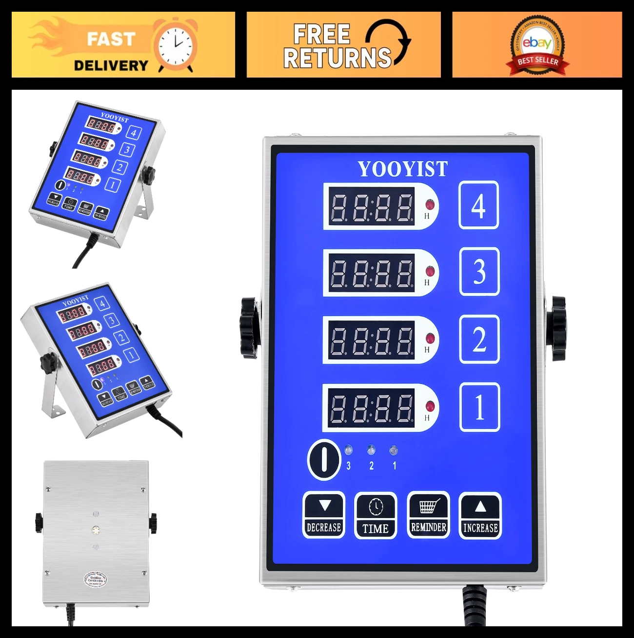 4-Channel Digital Kitchen Timer with Loud Alarm & Reminder – Stainless Steel LED