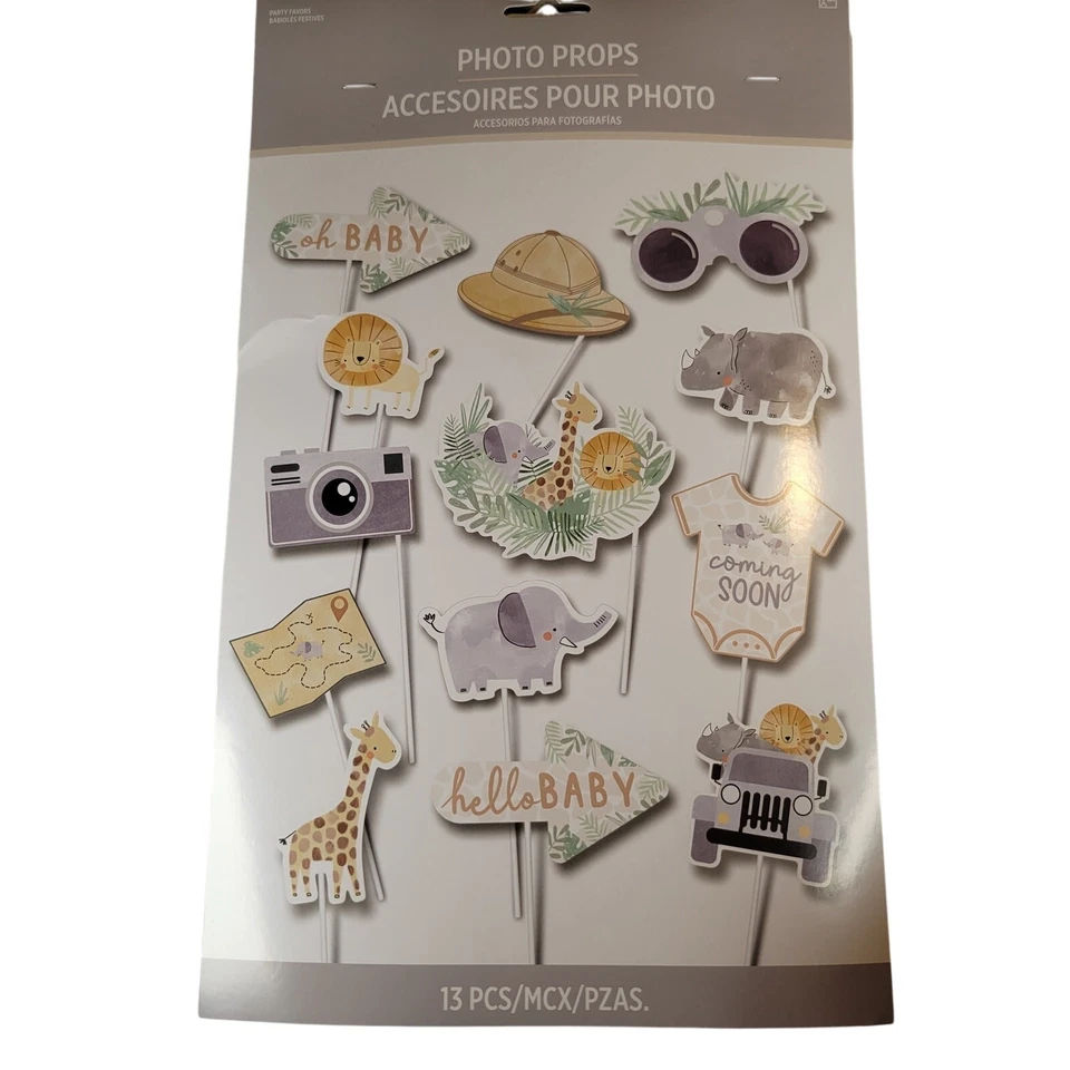 Juego de 13 piezas de accesorios para cabina de fotos Safari Jungle Baby Shower animales elefante jeep Foto 2 de 4