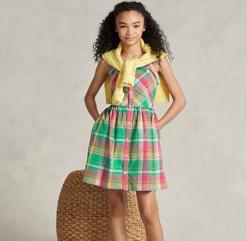 Ralph Lauren Kleid Mädchen Größe 4 grün rosa kariert Baumwolle Popeline - Bild 2 von 9