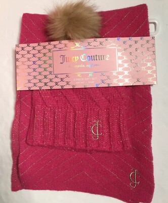 JUICY COUTURE LOGO PINK & METALLIC GOLD SCARF & BEANIE Lined HAT WOMENS NWT