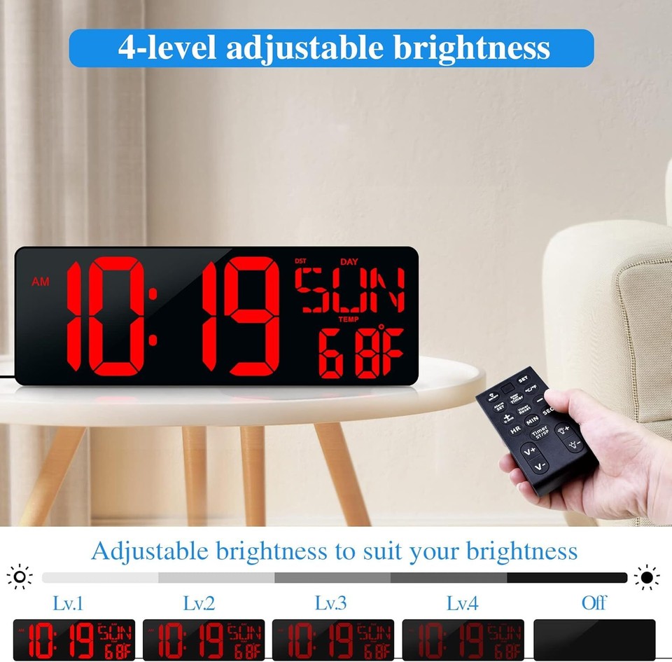 Large Digital Wall Clock With Remote Control 17.2 LED Large Display ...