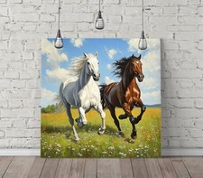TWO HORSES GALLOPING - SQUARE CANVAS WALL ART FLOAT EFFECT/FRAME/POSTER PRINT
