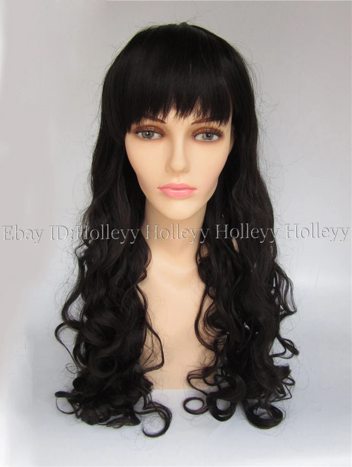 Peluca larga marrón onda rizada cabello sintético flequillo completo mujeres niñas disfraces peluca completa Foto 3 de 4