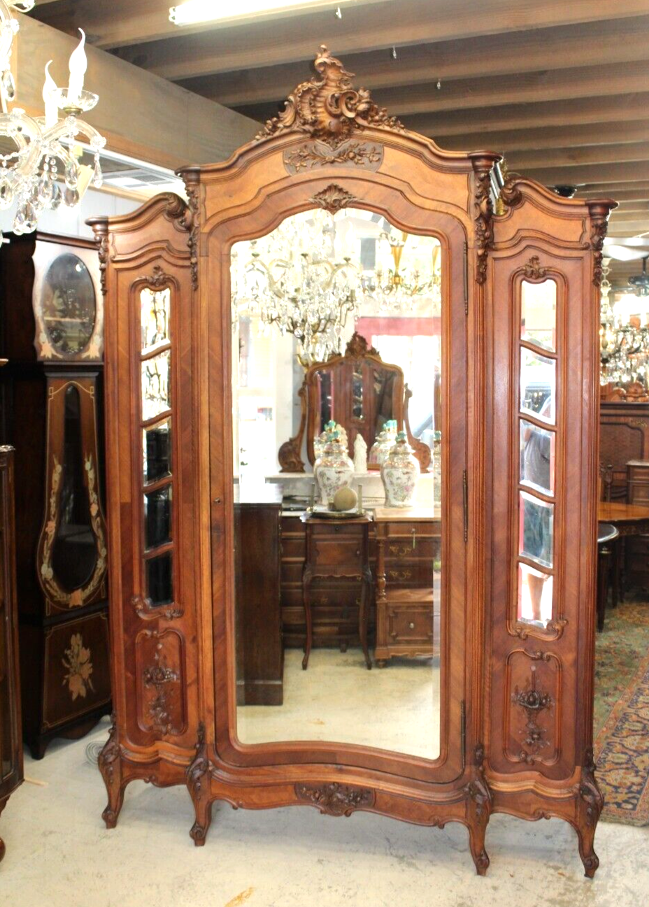 French Antique Carved Walnut Louis XV Mirrored Door Armoire Circa 1890