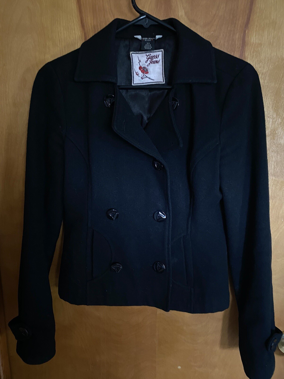 ALTRA Cappotto vintage GUESS doppiopetto corto nero pea rosso etichetta fiori donna SP