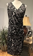 Lauren by Ralph Lauren Black & White Floral Print Dress, V Neck, Size M