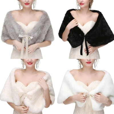 Winter Bridal Faux Furs Shawl Wrap Wedding Dress Bows Tie Capes Stoles for Women