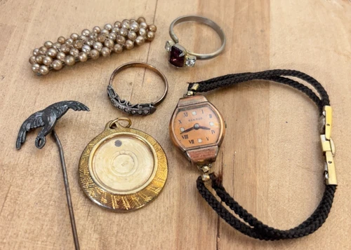 Lot Victorian Style Vtg and Costume Jewelry 14k GF Uncas Ring Sz 7, Benrus Watch