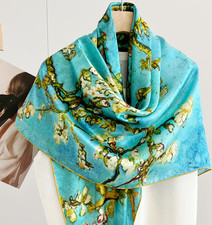 100 Silk Mulberry Wrap Shawl Square White flower Print Bandanna Scarf 110X110cm